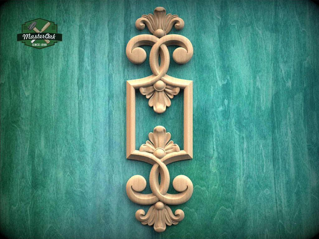 a decorative wooden frame with intricate floral designs, set against a green textured background.