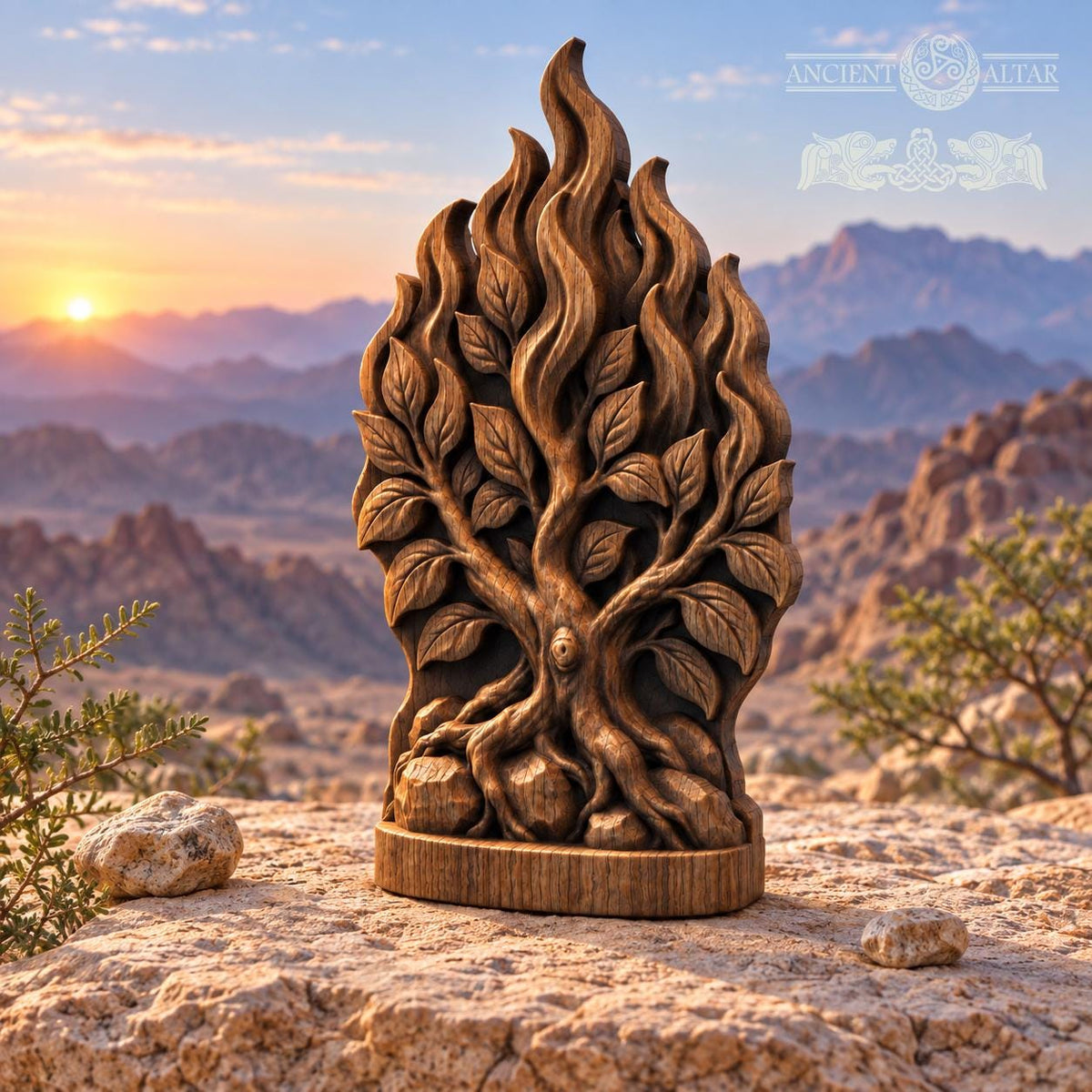 Burning Bush Oak Wood Sculpture, Biblical Tree with Flames, Judaica Decor, Exodus Inspired Wooden Relief, Religious Gift