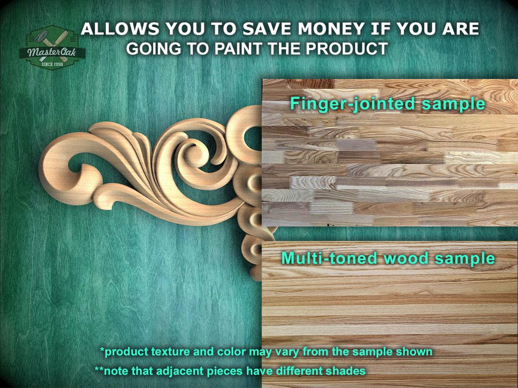 The image is an advertisement for Master Oak Paint, showcasing a sample of their multi-toned wood paint. It features a finger-jointed sample and a multi-toned wood sample, highlighting the differences between the two. The text on the image provides information about the product, such as the product texture and color, which may vary from the sample shown, and that adjacent pieces have different shades.