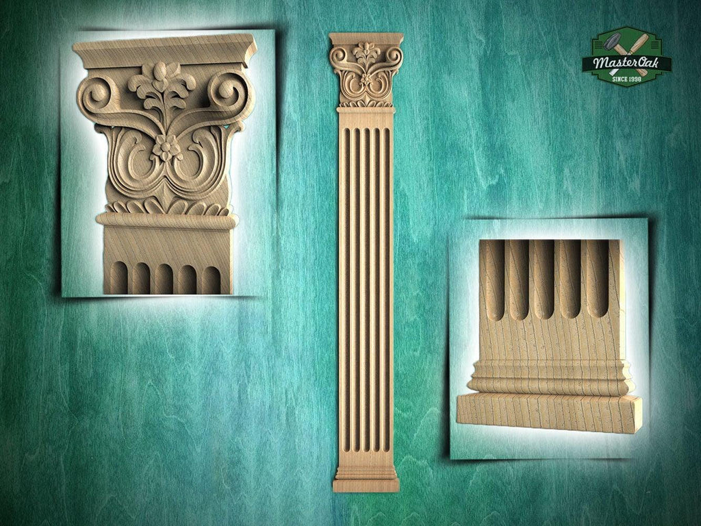 Wooden Carved Classic Corinthian Column Pilaster,  wood ionic  pilaster, 1pc, Unpainted, Carved Wood Trim Post Pillars, Flat Back Columns