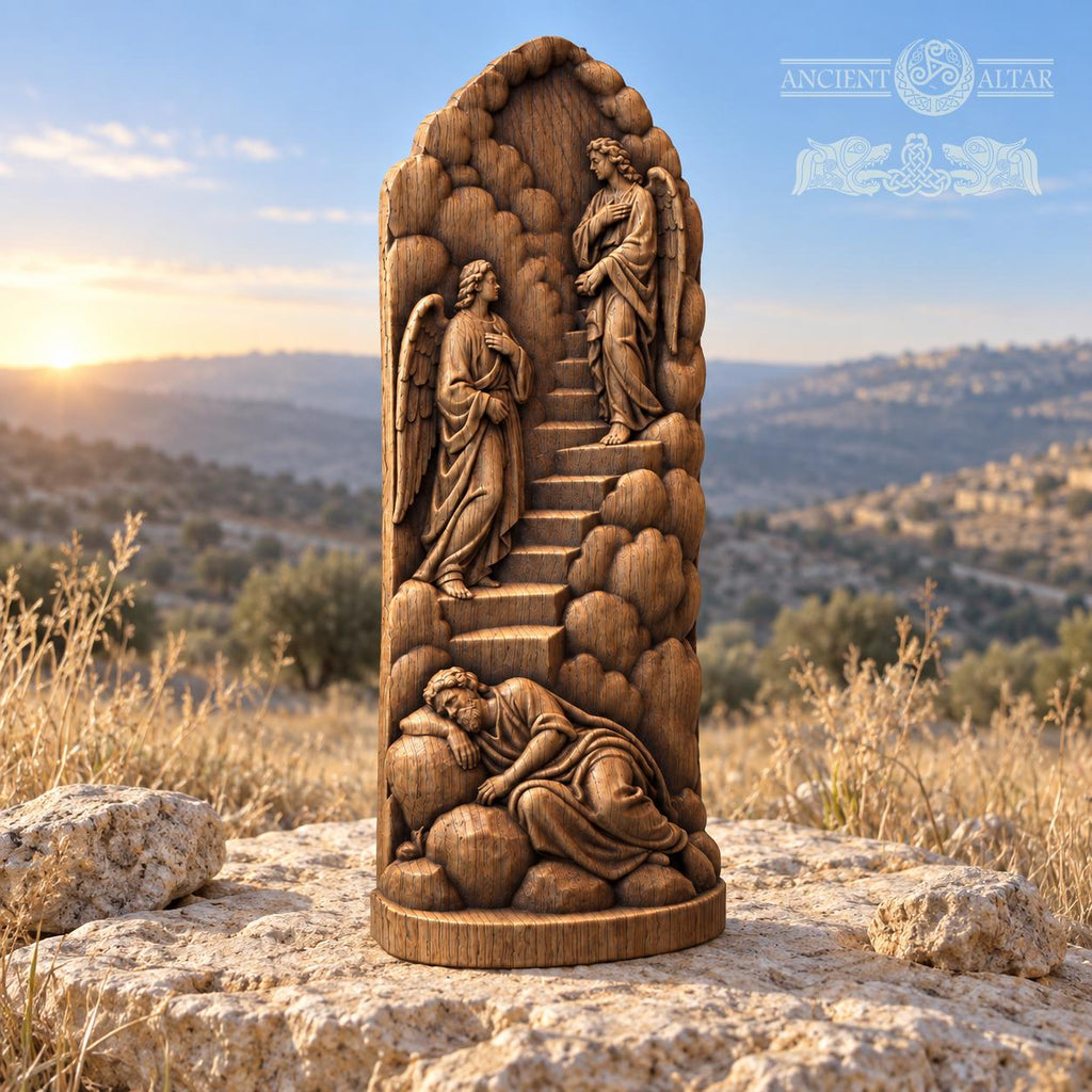 Jacob's Ladder Oak Wood Sculpture, Sleeping Jacob and Angels Relief, Biblical Dream Scene, Judaica Decor, Religious Gift