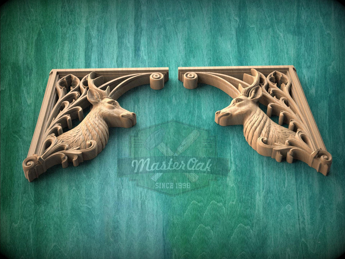 Carved Wood Deer Corner Onlays, Mirrored Pair with Antlers and Gothic Scrollwork