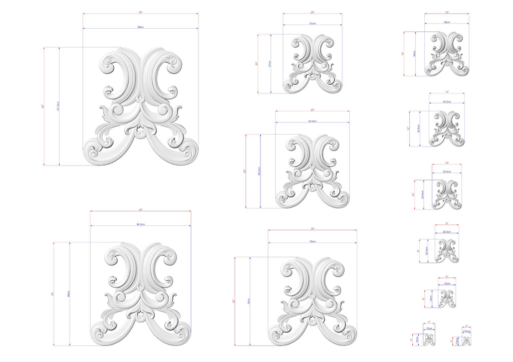 various sizes of ornate, decorative designs in a white color, with measurements and scale details provided.
