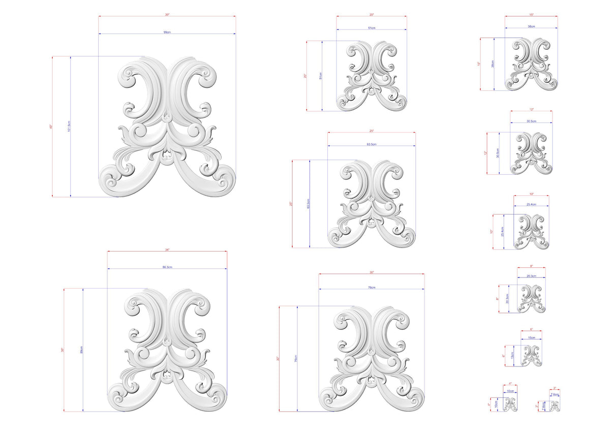 various sizes of ornate, decorative designs in a white color, with measurements and scale details provided.