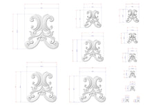 Load image into Gallery viewer, various sizes of ornate, decorative designs in a white color, with measurements and scale details provided.
