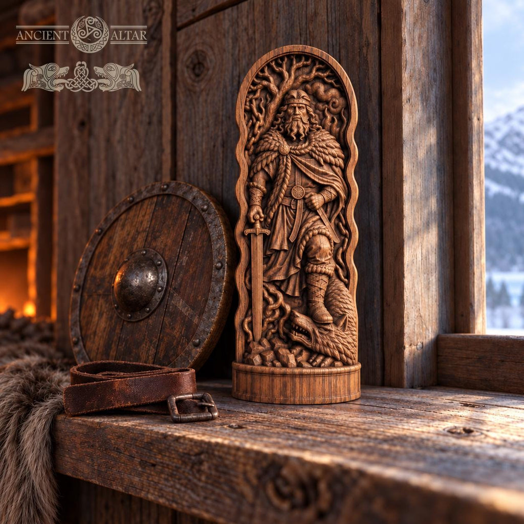 Carved Vidar Figure – Norse God of Vengeance, Viking Pagan Altar Decor, Wooden Mythology Statue