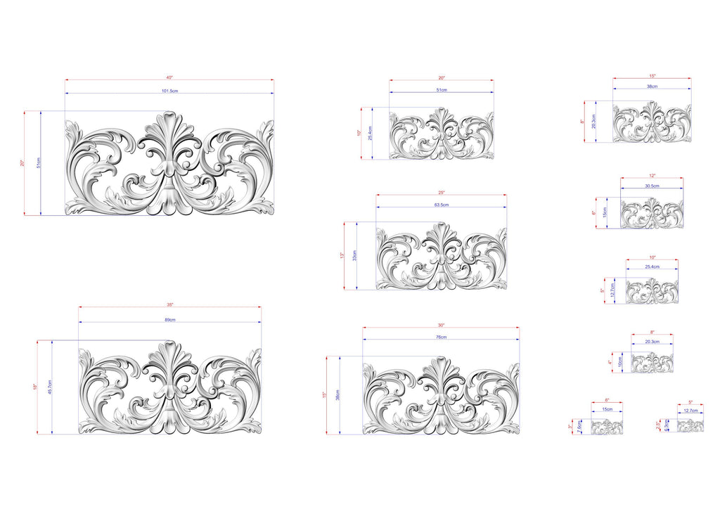 a collection of ornate, decorative designs in a black and white style, with measurements and scale details provided.