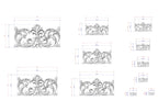 a collection of ornate, decorative designs in a black and white style, with measurements and scale details provided.