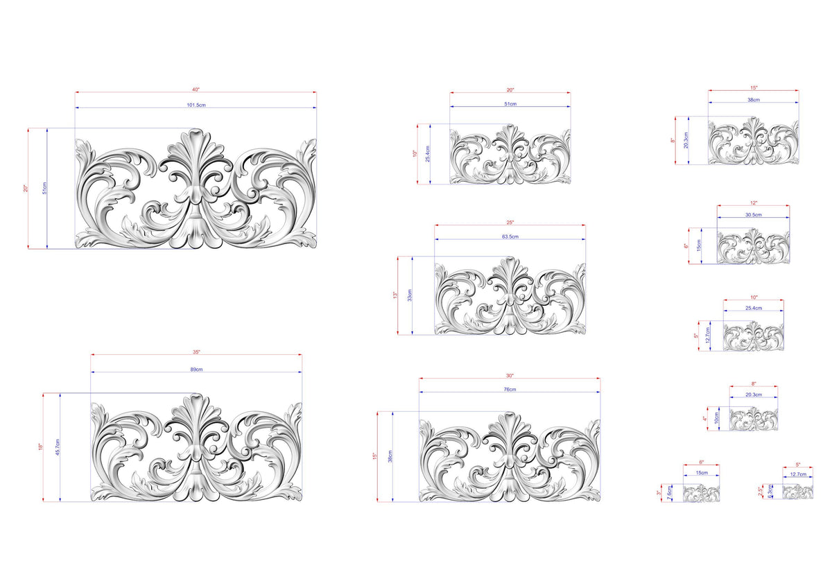 a collection of ornate, decorative designs in a black and white style, with measurements and scale details provided.