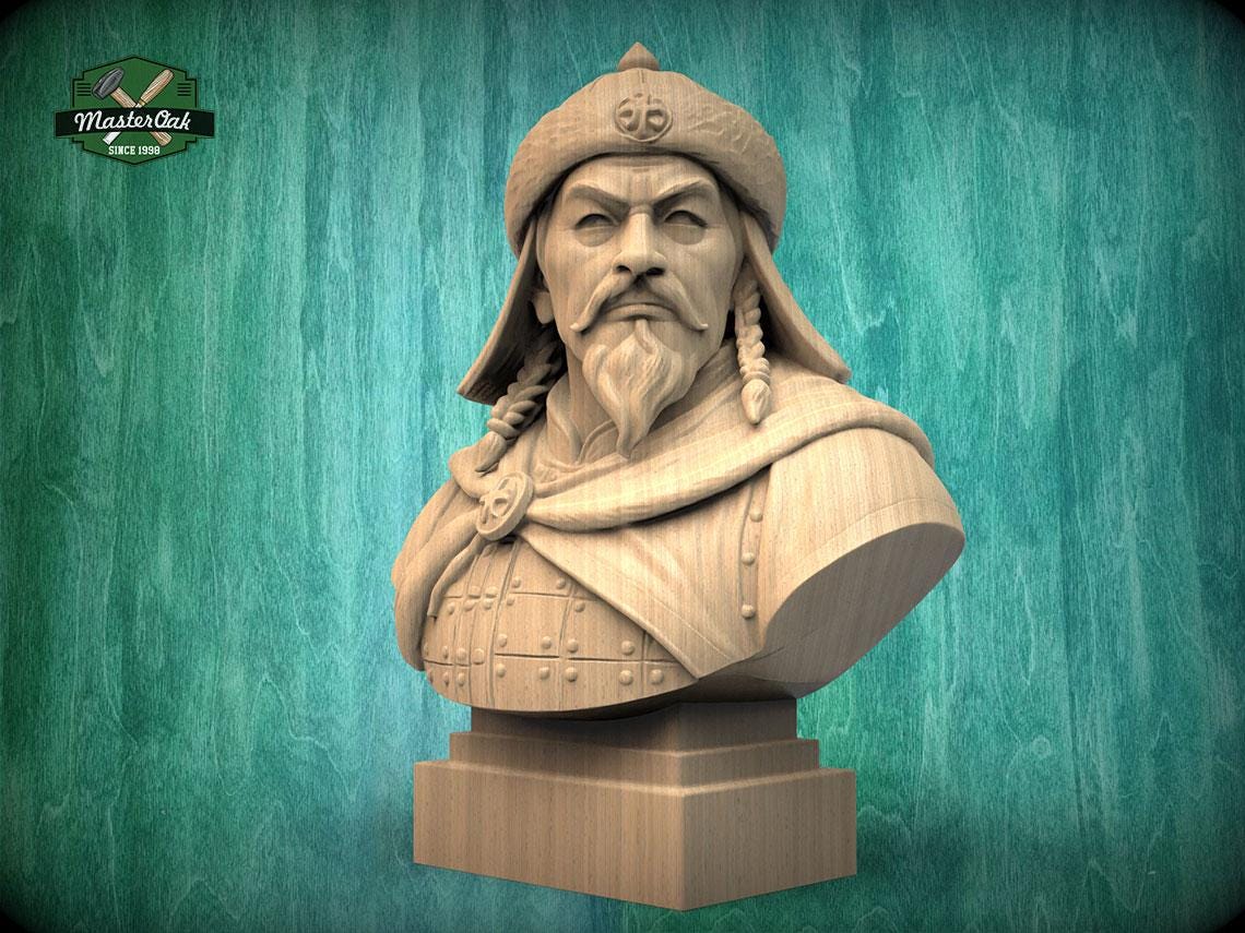 Genghis Khan Bust | Carved & Hand-Finished Wood Statue | Mongolian History Decor