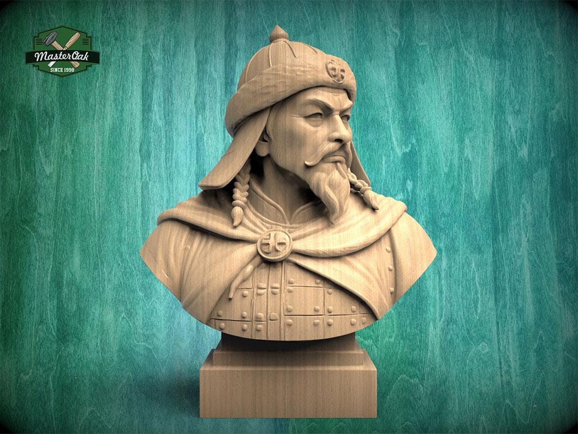 Genghis Khan Bust | Carved & Hand-Finished Wood Statue | Mongolian History Decor