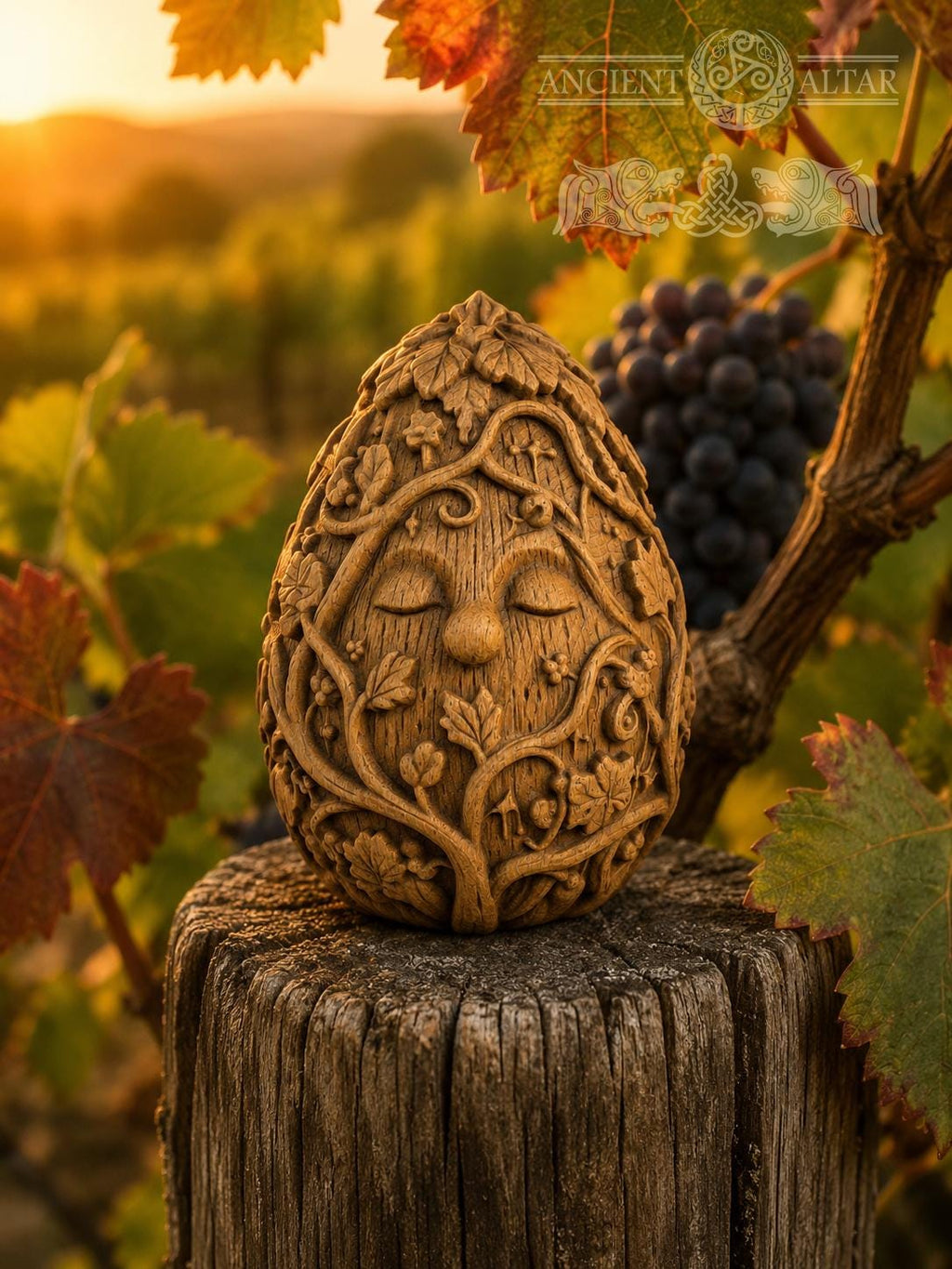 Wine Spirit Figurine, Carved Oak Vineyard Guardian, Wine Cellar Decor, Grape Vine Sculpture, Gift for Wine Lover, 2.76 Inch