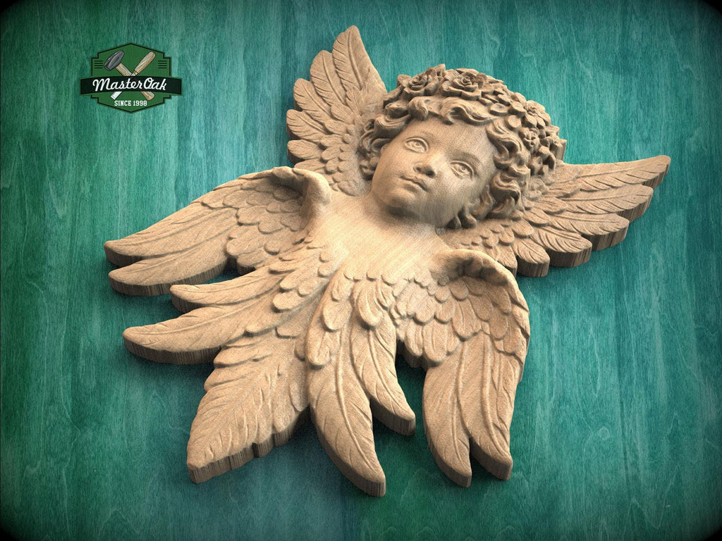 Carved Wooden Cherub Wall Onlay – Angel Relief with Wings Decorative Applique