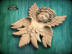 Carved Wooden Cherub Wall Onlay – Angel Relief with Wings Decorative Applique