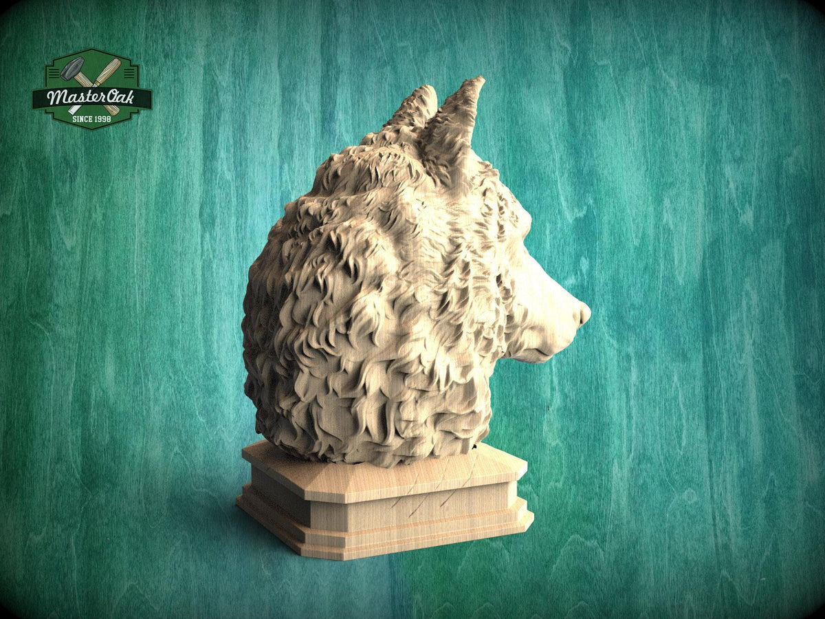 Carved Wolf Head Sculpture - Wooden Newel Post Finial, Nordic Style Animal Art Topper