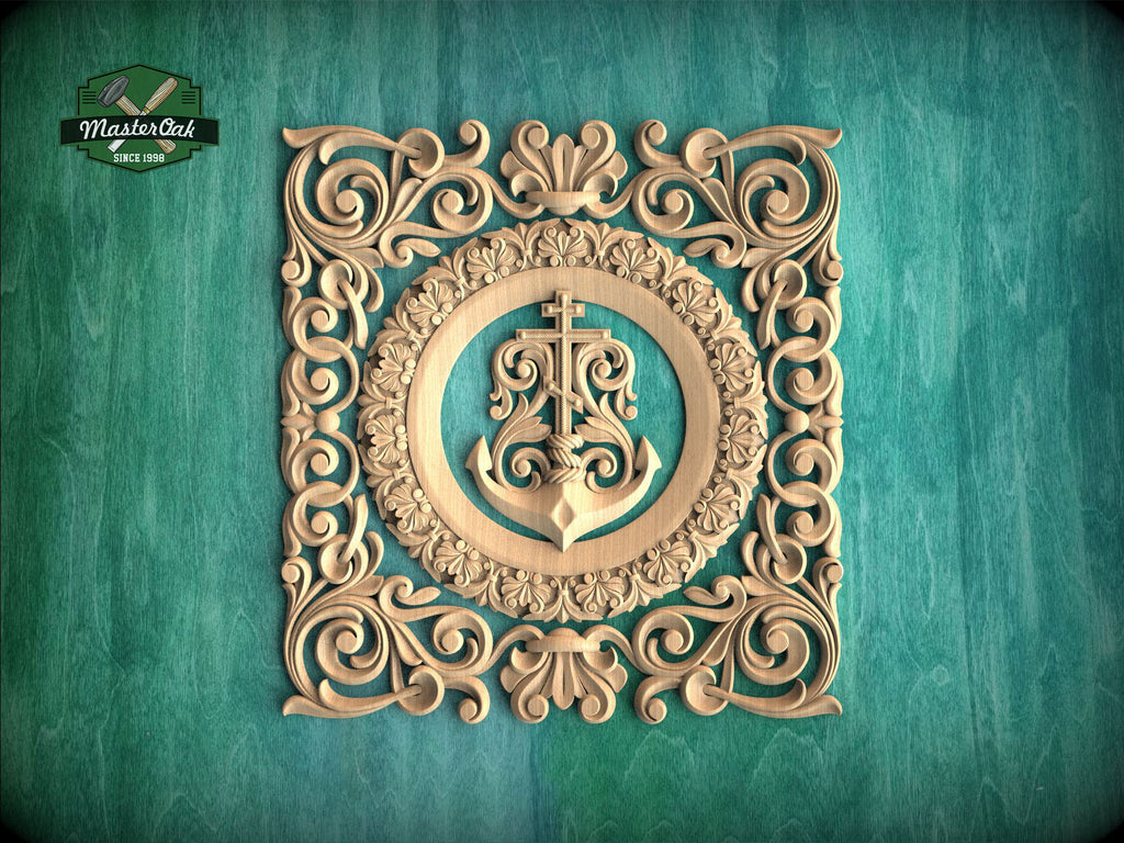 a square, ornately carved wooden frame with a central anchor and floral designs surrounding it, set against a teal background.