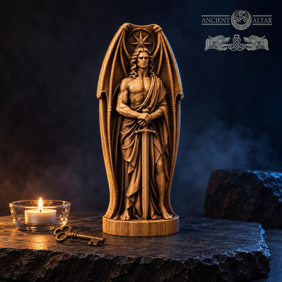 Lucifer Sword Statue with Bat Wings, Solid Oak Fallen Angel, Dark Fantasy Sculpture, Gothic Home Decor, Occult Altar Figurine