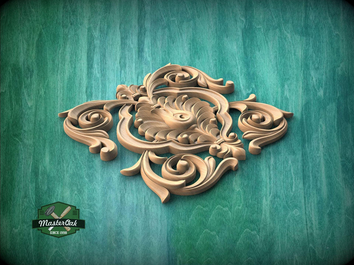 a decorative wooden carving on a green background.