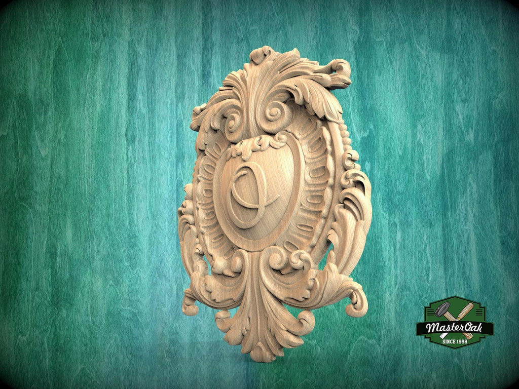 Personalized Classic Wooden Shield Onlay, Artisanal Baroque Flourishes for Interiors, 1 pc, Unpainted, Home Wall Decor, wooden trims