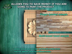 The image is a promotional advertisement for Master Oak, a company that sells wood products. It features a close-up of a wooden panel with a carved design, along with a sample of the product. The text on the image provides information about the product, including the cost of painting the product and the different types of wood samples available. The image is a collage of multiple images, and the text is concise and avoids redundancy.
