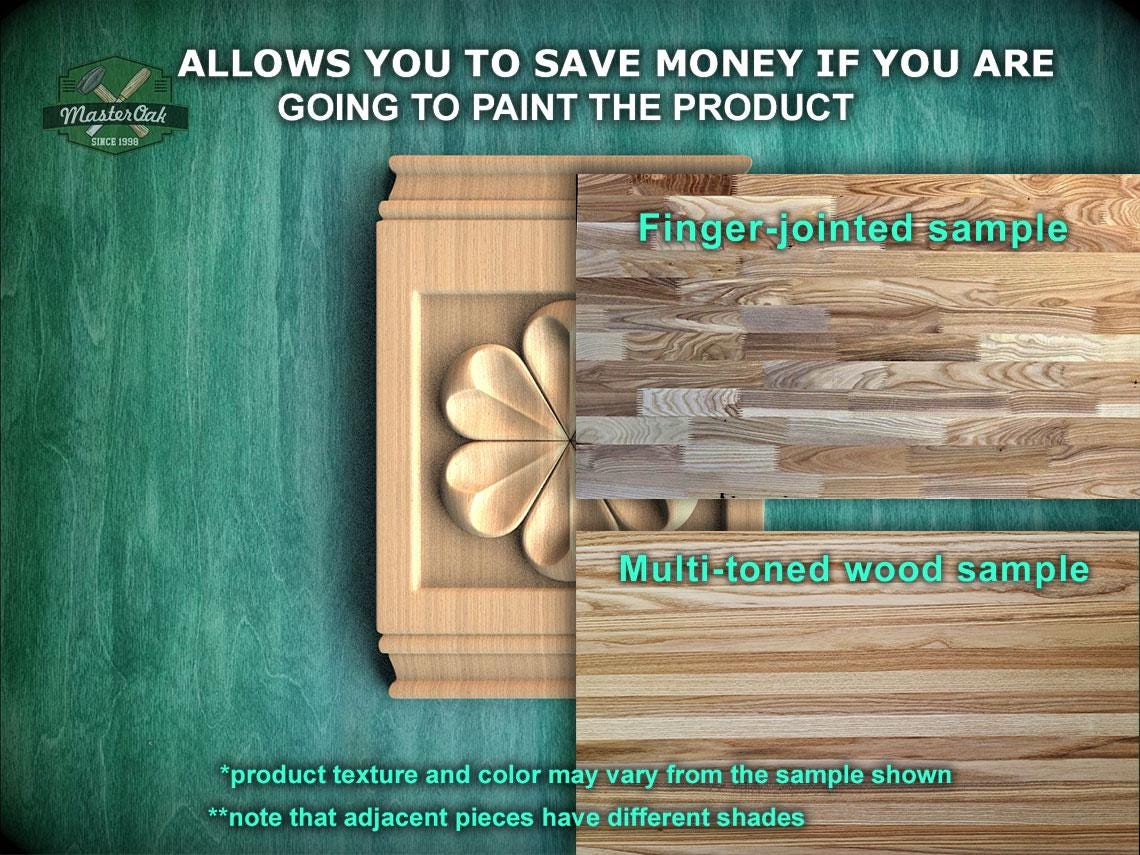 The image is a promotional advertisement for Master Oak, a company that sells wood products. It features a close-up of a wooden panel with a carved design, along with a sample of the product. The text on the image provides information about the product, including the cost of painting the product and the different types of wood samples available. The image is a collage of multiple images, and the text is concise and avoids redundancy.