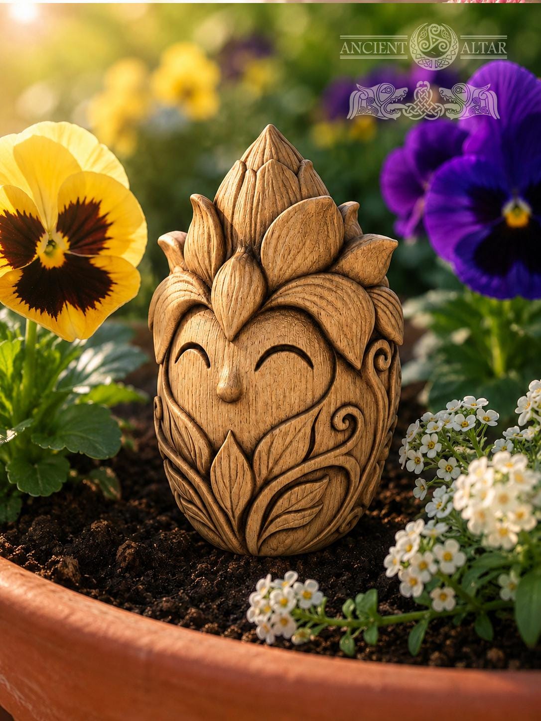 Bloom Keeper Wooden Forest Spirit Figurine, Oak Flower Guardian, Cottagecore Plant Lover Gift, Botanical Shelf Decor