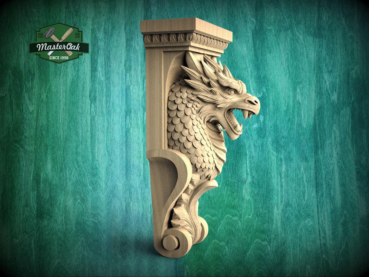 A carved wooden dragon head with a fierce expression is displayed against a green background.