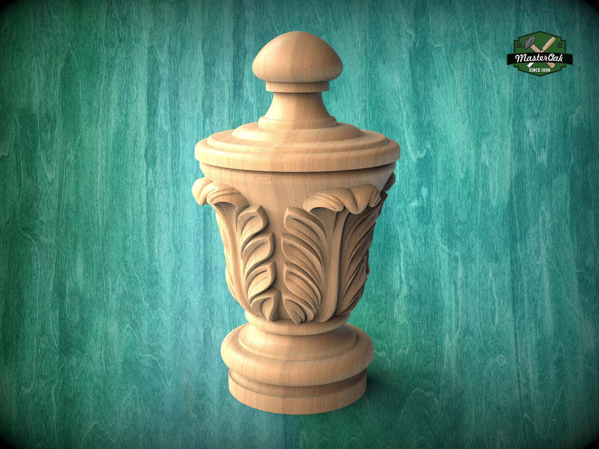 Unpainted Hardwood Finial with Acanthus Leaves, Newel Post Cap