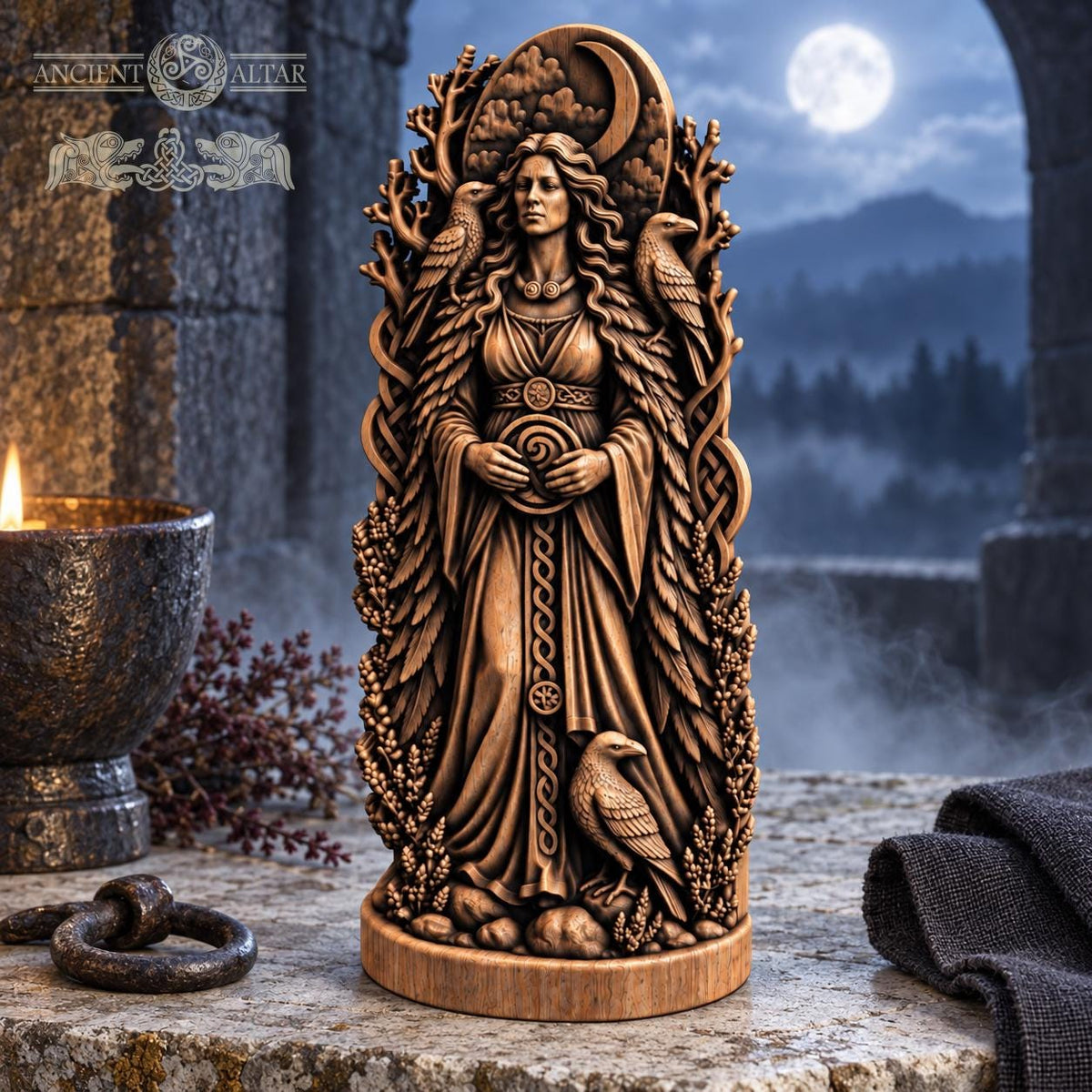 Morrigan Raven Queen Figurine, Celtic War Goddess Statue, Wooden Irish Deity, Dark Pagan Altar Decor, Witchcraft Gift