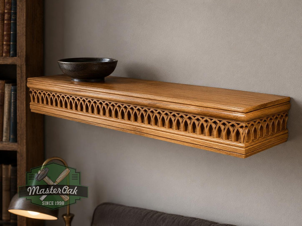 Carved Solid Oak Wall Shelf with Gothic Arch Pattern, Floating Display Shelf, Medieval and Dark Academia Home Decor