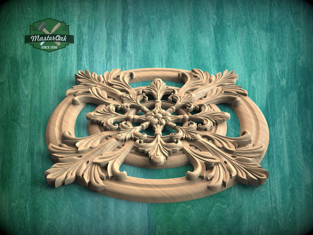 Circular Carved Wood Medallion, Decorative Flower Wood Onlay, 1pc, Home Wall Embellishments, Furniture Carving, Unpainted
