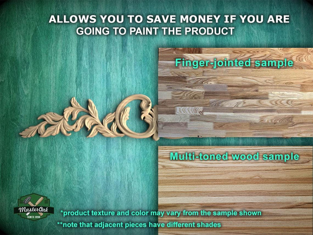 The image is a collage of two photos. The top photo shows a wooden sample with a leaf-like design, and the bottom photo displays a multi-toned wood sample with a different shade. The text above the photos states that the product allows you to save money if you are going to paint the product, and the bottom photo shows a finger-jointed sample and a multi-toned wood sample.