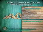 The image is a collage of two photos. The top photo shows a wooden sample with a leaf-like design, and the bottom photo displays a multi-toned wood sample with a different shade. The text above the photos states that the product allows you to save money if you are going to paint the product, and the bottom photo shows a finger-jointed sample and a multi-toned wood sample.