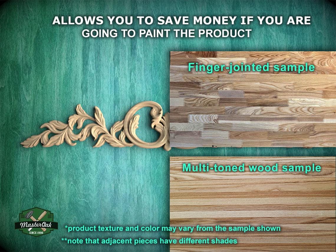 The image is a collage of two photos. The top photo shows a wooden sample with a leaf-like design, and the bottom photo displays a multi-toned wood sample with a different shade. The text above the photos states that the product allows you to save money if you are going to paint the product, and the bottom photo shows a finger-jointed sample and a multi-toned wood sample.