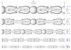 a series of five different designs or patterns, each with its own set of measurements and dimensions. The designs are presented in a grid format, with each design being a separate row and column. The image provides a clear visual representation of the various patterns and their corresponding measurements, allowing for a detailed understanding of the design elements and their relative sizes.