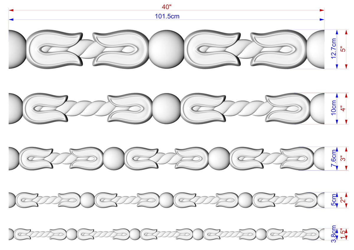 a series of five different designs or patterns, each with its own set of measurements and dimensions. The designs are presented in a grid format, with each design being a separate row and column. The image provides a clear visual representation of the various patterns and their corresponding measurements, allowing for a detailed understanding of the design elements and their relative sizes.