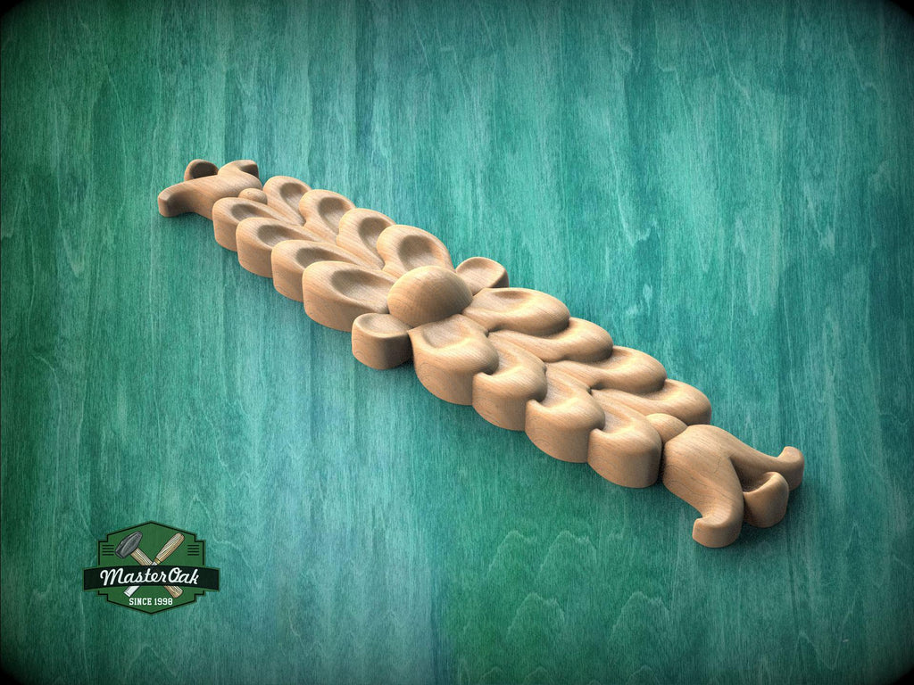 A wooden carving of a flower-like design is displayed against a green background.