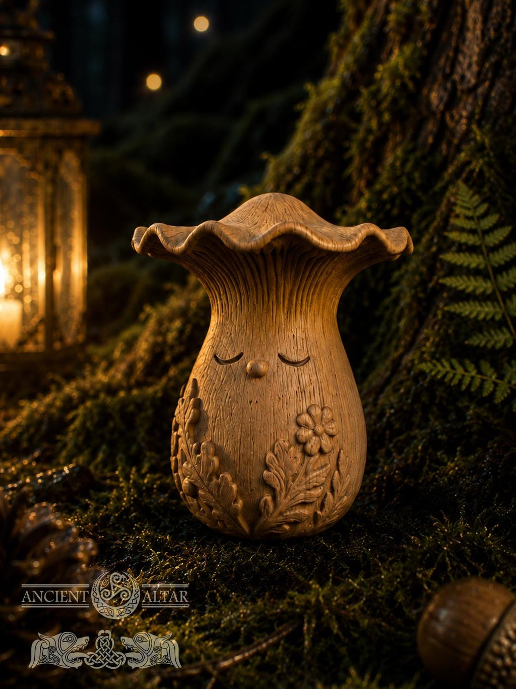 Wooden Chanterelle Forest Spirit Figurine, Oak Mushroom Guardian, 2.76 in