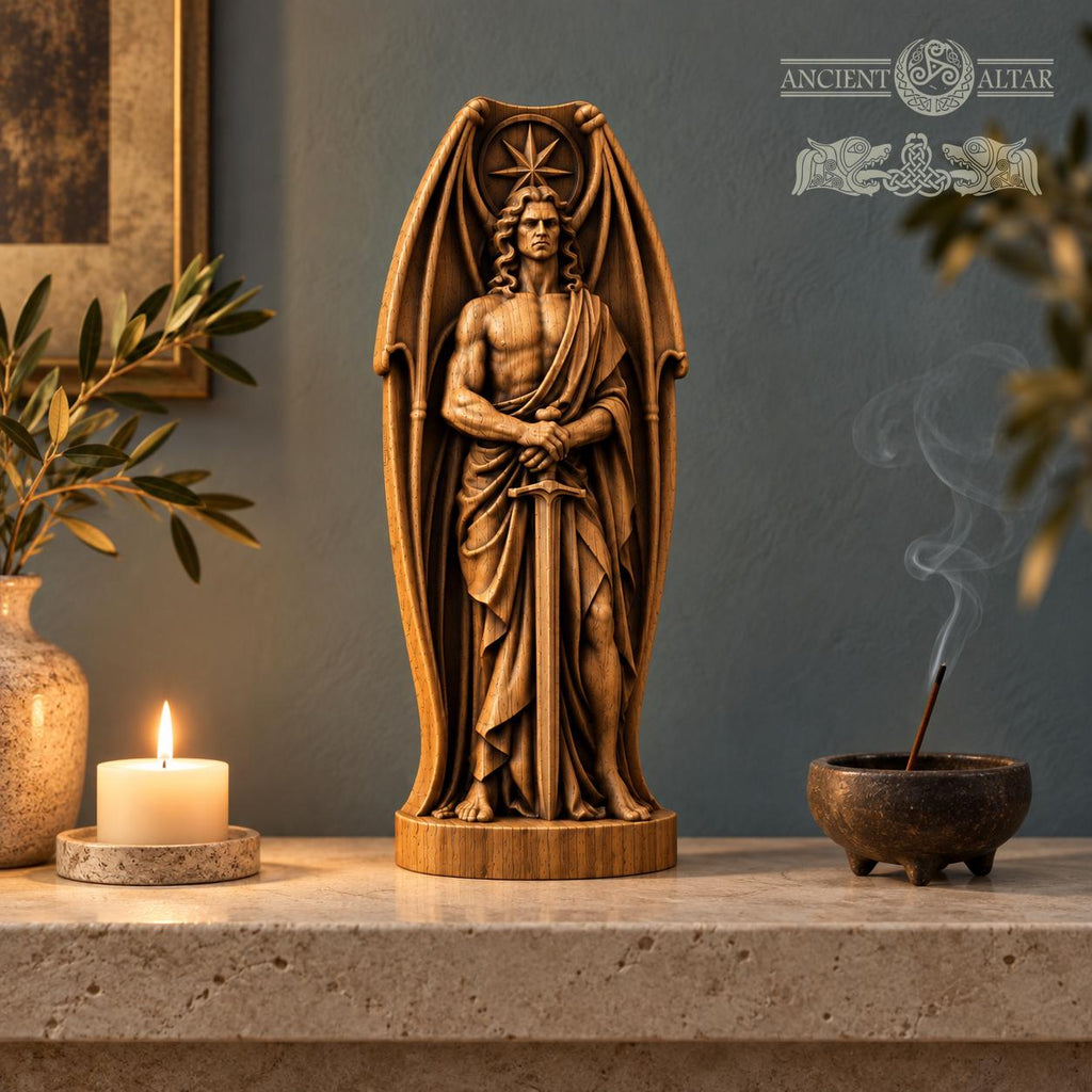 Lucifer Sword Statue with Bat Wings, Solid Oak Fallen Angel, Dark Fantasy Sculpture, Gothic Home Decor, Occult Altar Figurine