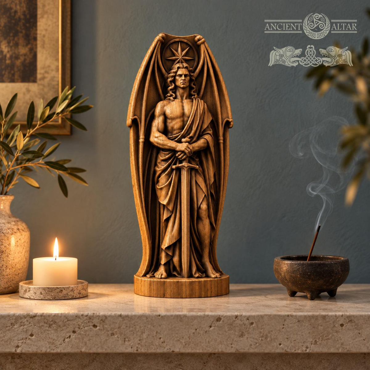 Lucifer Sword Statue with Bat Wings, Solid Oak Fallen Angel, Dark Fantasy Sculpture, Gothic Home Decor, Occult Altar Figurine