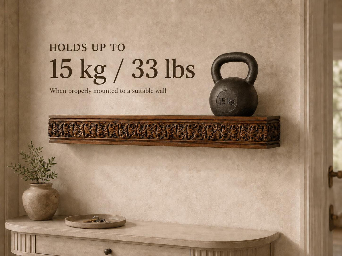 Carved Solid Oak Wall Shelf with Elephant Procession, Ornate Floating Display Shelf, Safari and Indian Inspired Home Decor