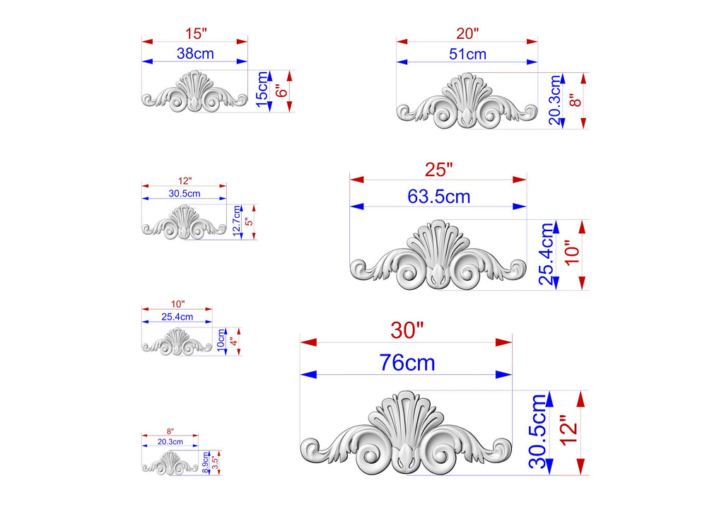 a collection of five different sizes of ornamental designs, each with its own unique measurements and scale. The designs are depicted in a detailed manner, providing a clear visual representation of the various sizes available.