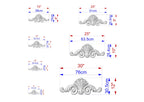 a collection of five different sizes of ornamental designs, each with its own unique measurements and scale. The designs are depicted in a detailed manner, providing a clear visual representation of the various sizes available.