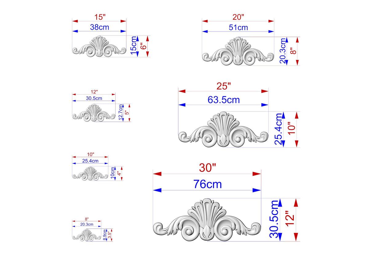 a collection of five different sizes of ornamental designs, each with its own unique measurements and scale. The designs are depicted in a detailed manner, providing a clear visual representation of the various sizes available.