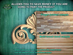 The image is a promotional advertisement for Master Oak, a company that sells wood products. It features a close-up of a wooden carving and a sample of a multi-toned wood sample. The text on the image encourages viewers to save money by painting the product, highlighting the differences between the product texture and color and the sample shown.