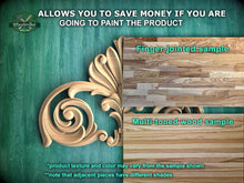 Load image into Gallery viewer, The image is a promotional advertisement for Master Oak, a company that sells wood products. It features a close-up of a wooden carving and a sample of a multi-toned wood sample. The text on the image encourages viewers to save money by painting the product, highlighting the differences between the product texture and color and the sample shown.
