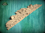 A 3D rendering of a wooden carving depicting a harp and other musical instruments, set against a green background.