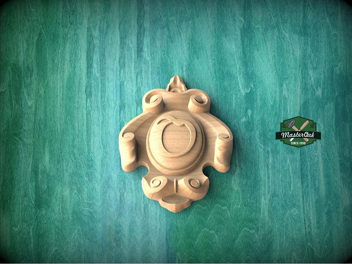 Personalized Noble Emblem: Ornate Wooden Cartouche Onlay, Unpainted, 1pc, Home Wall Embellishments, Furniture Carving