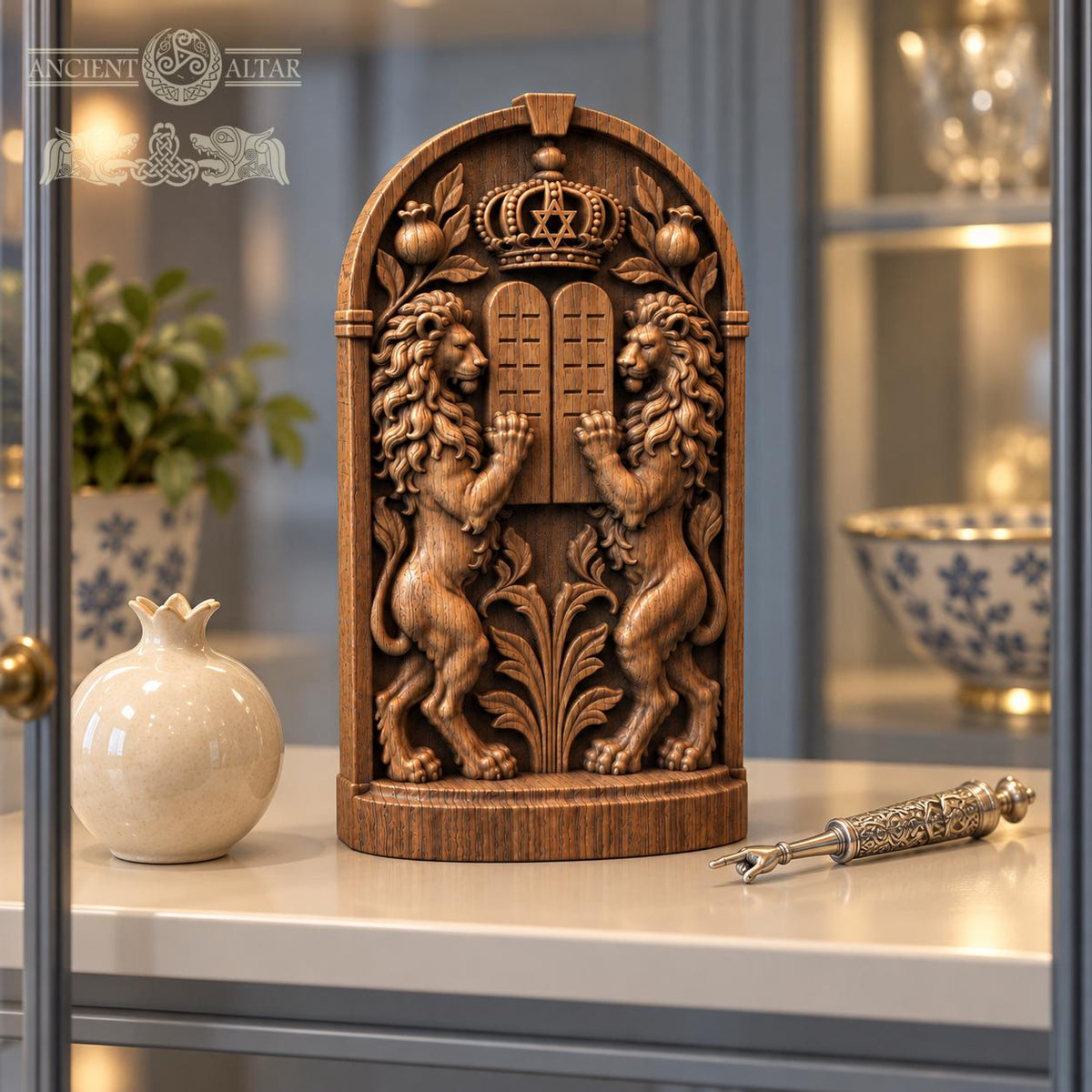 Lions and Tablets Judaica Sculpture, Solid Oak Ten Commandments Decor, Star of David and Crown, Jewish Housewarming Gift