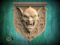 Gothic Grotesque Corbel – Vampire Gargoyle Mask on Heraldic Shield, Medieval Gothic Revival Decor, 1pc, Unpainted